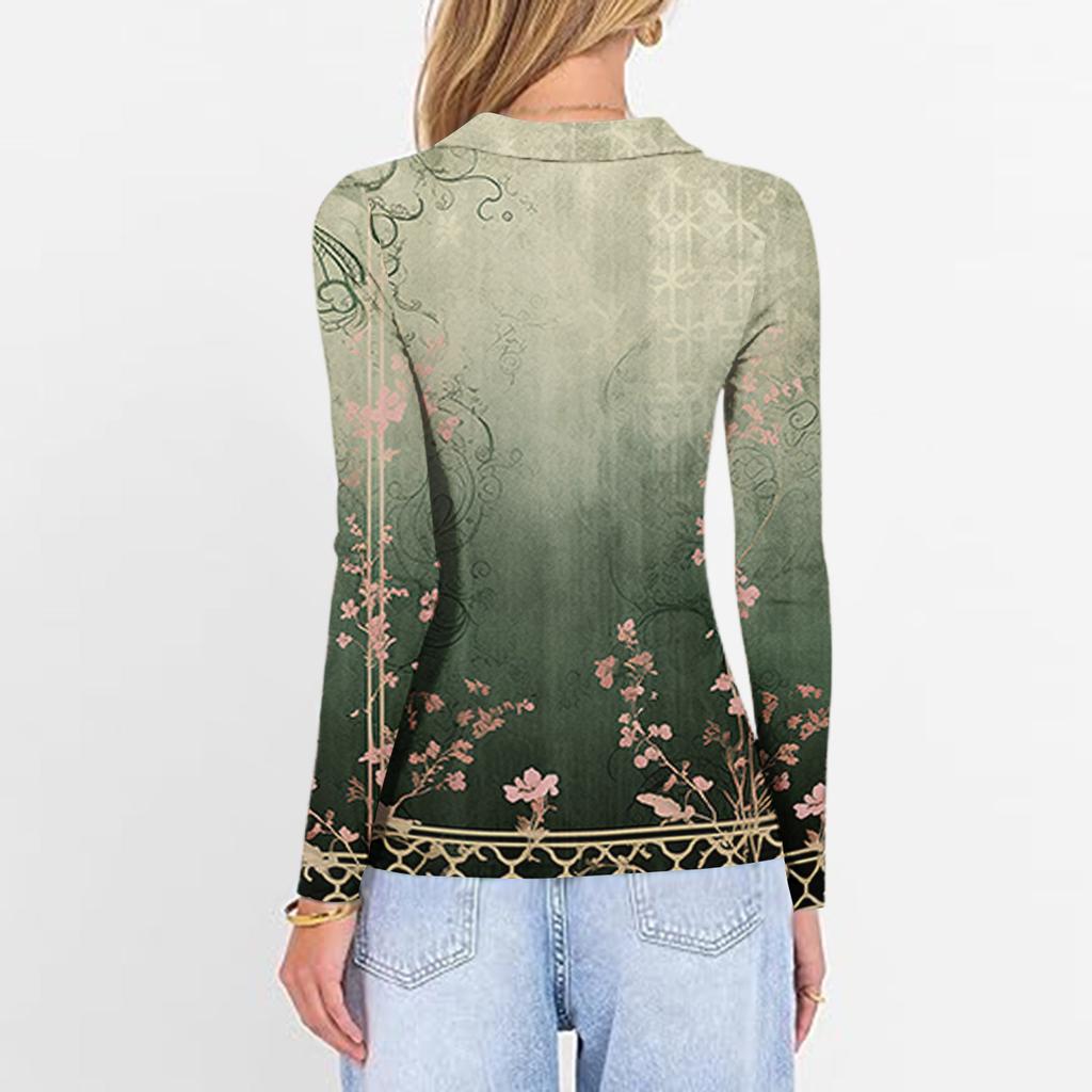 Женская Мода Повседневный Принт V-образный Вырез Длинный Рукав Застежка на Пуговицы Топ