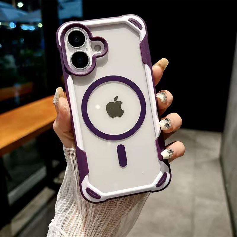 Для Magsafe Magnetic Shockproof Armor Case для iPhone 16 15 14 13 12 11 Pro Max Plus Прозрачный жесткий гибридный бампер задняя крышка
