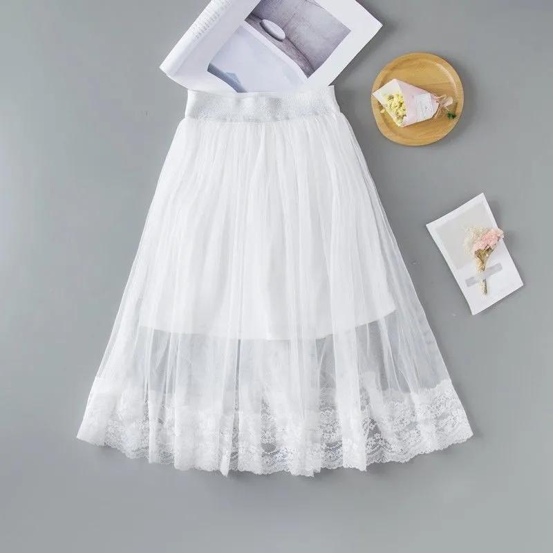 Юбка для девочек, кружевная сетка, тонкая черная плиссированная юбка, длинная юбка с навершием