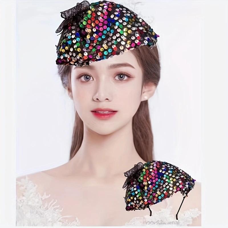 Spring Summer Vintage Glitter Sequin  Wide Brimmed Women's Half Hat Breathable Cover Hair Half Hat Hoop Headband French Fashion
