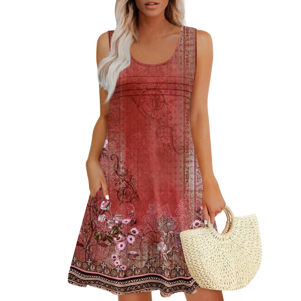 Женские летние платья Свободные сарафаны без рукавов Платье с карманами