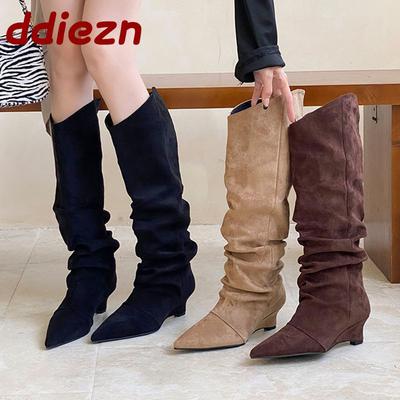 Модные современные женские ботфорты до колена, женская обувь на танкетке, модные слипоны, женские длинные ботинки челси на танкетке, зима, осень