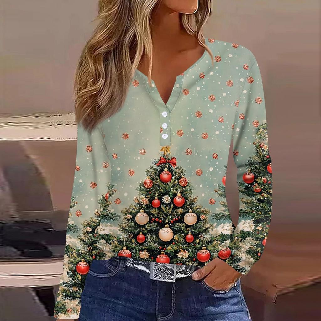 Женская футболка с рождественским принтом на пуговицах с длинным рукавом, повседневная, выходного дня, модная, базовая, с V-образным вырезом, обычная