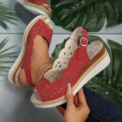 Модные босоножки на танкетке Fish Mouth Breathable Sandalias De Mujer Красные босоножки с полой пряжкой Пляжная обувь Небольшая повседневная обувь Женские каблуки Женские