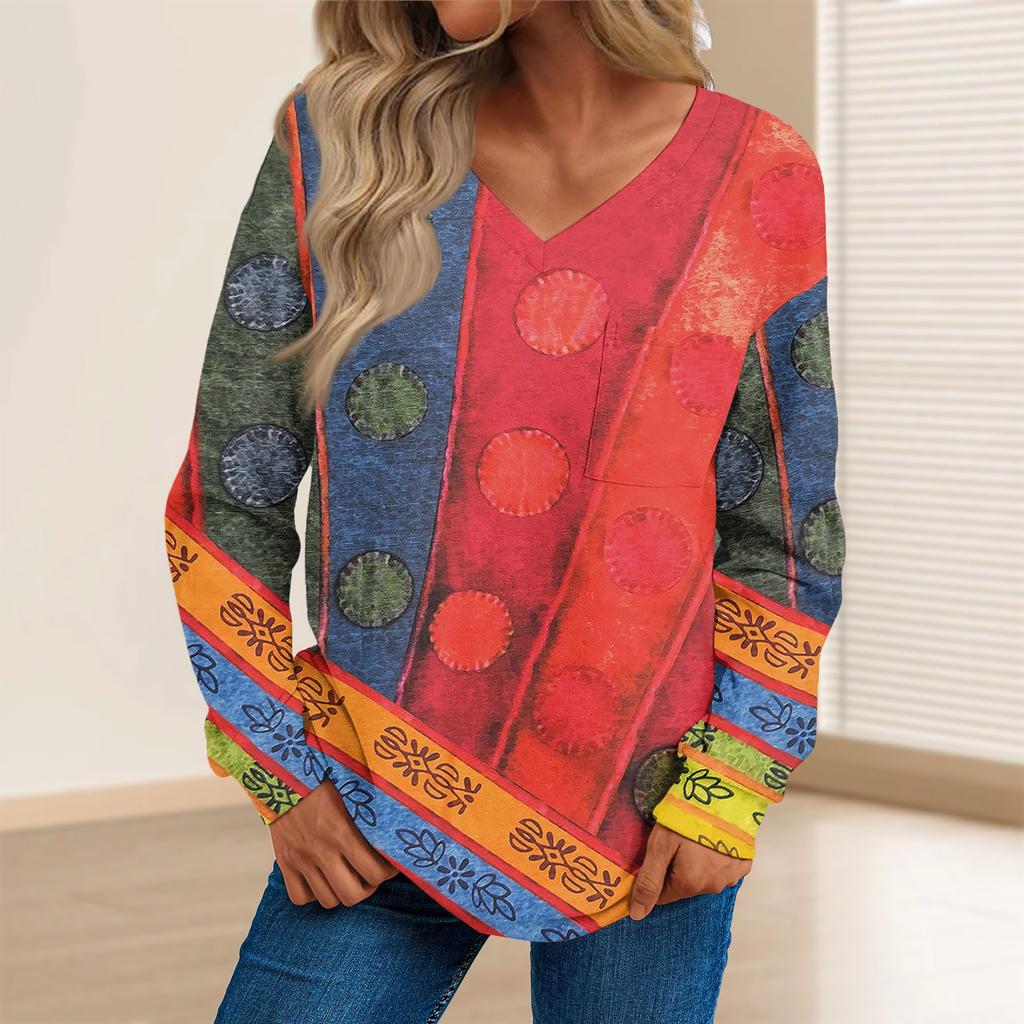 Женская мода повседневный свитер с длинным рукавом и принтом V-образным вырезом
