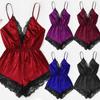 Women Sexy Pajamas V-neck Sling Sleeveless Bodysuit Faux Satin Lace Stitching Romper Sleepwear Wide Leg Backless Nightwear