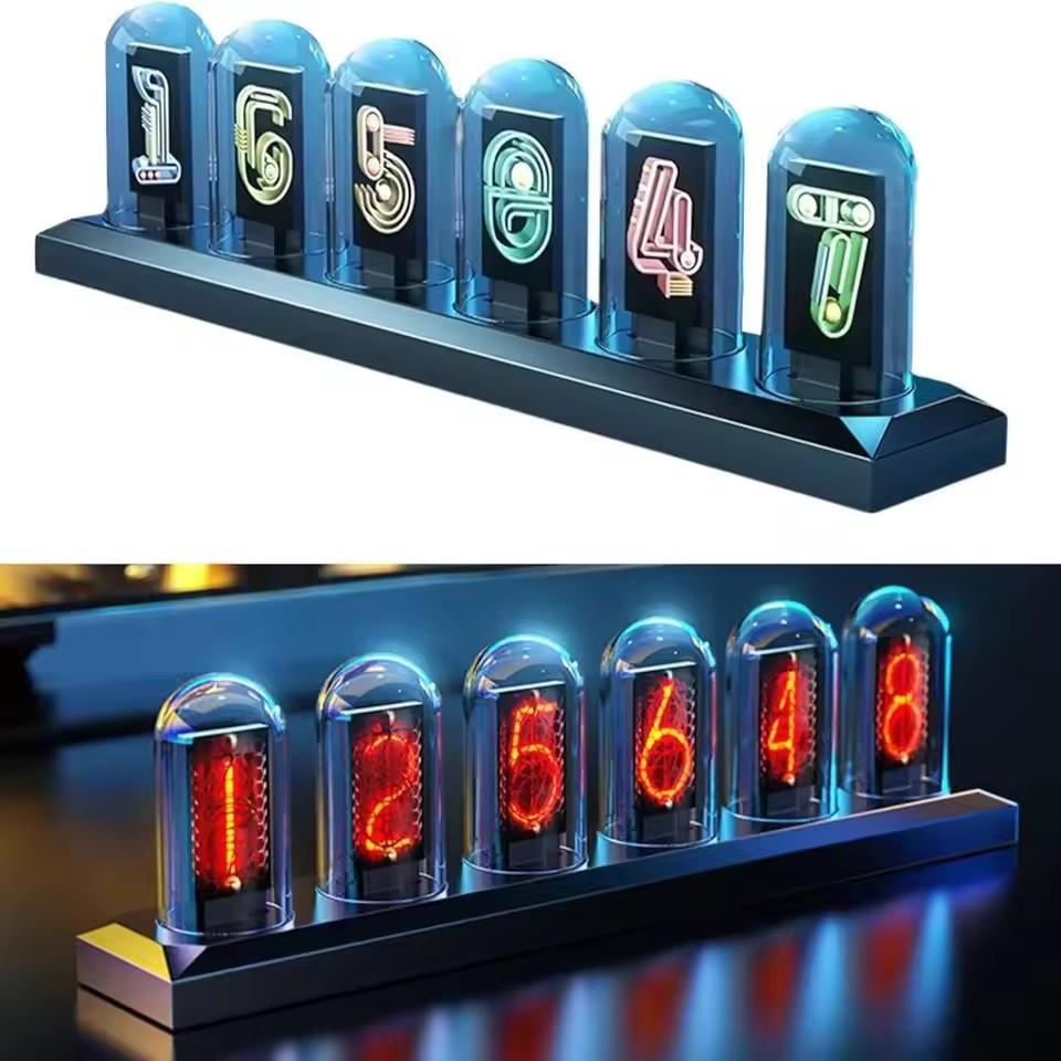 USB Питание RGB Часы с Никси Лампами с Цветным IPS Экраном, Проводные Электрические Алюминиевые Овальные Будильники с Портом для Зарядки, Металлический Корпус