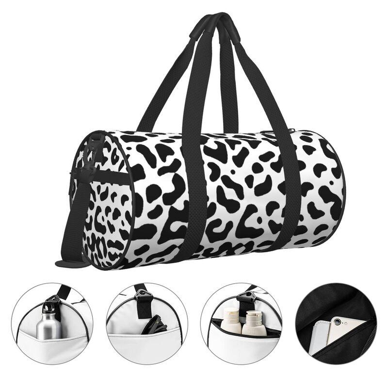 White Leopard Round Travel Duffel Bags for Men Women Foldable Luggage Bag Sport Gym Yoga Bag with Shoe Compartment Wet Pocket