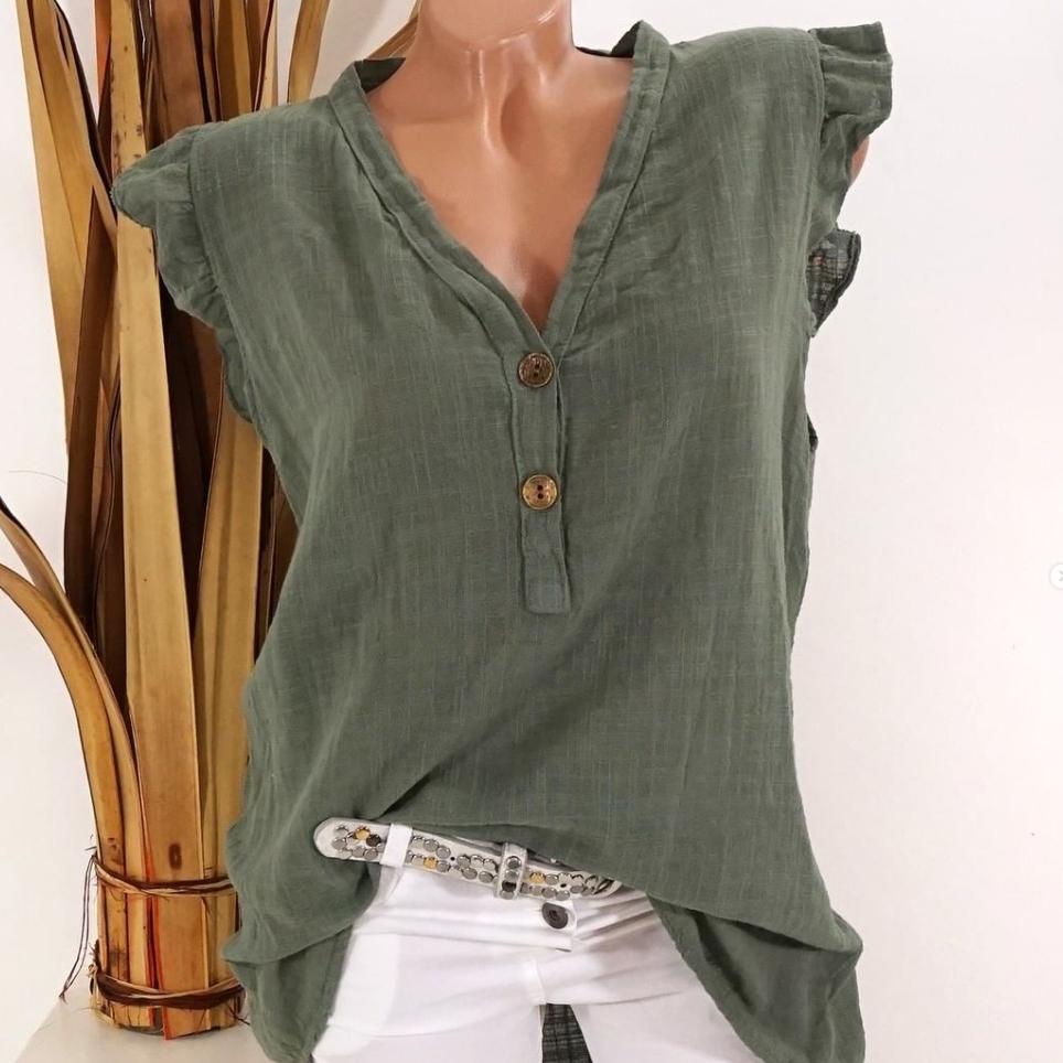 Дышащий топ на пуговицах с V-образным вырезом, большой размер, однотонная хлопковая льняная блузка, женская свободная рубашка