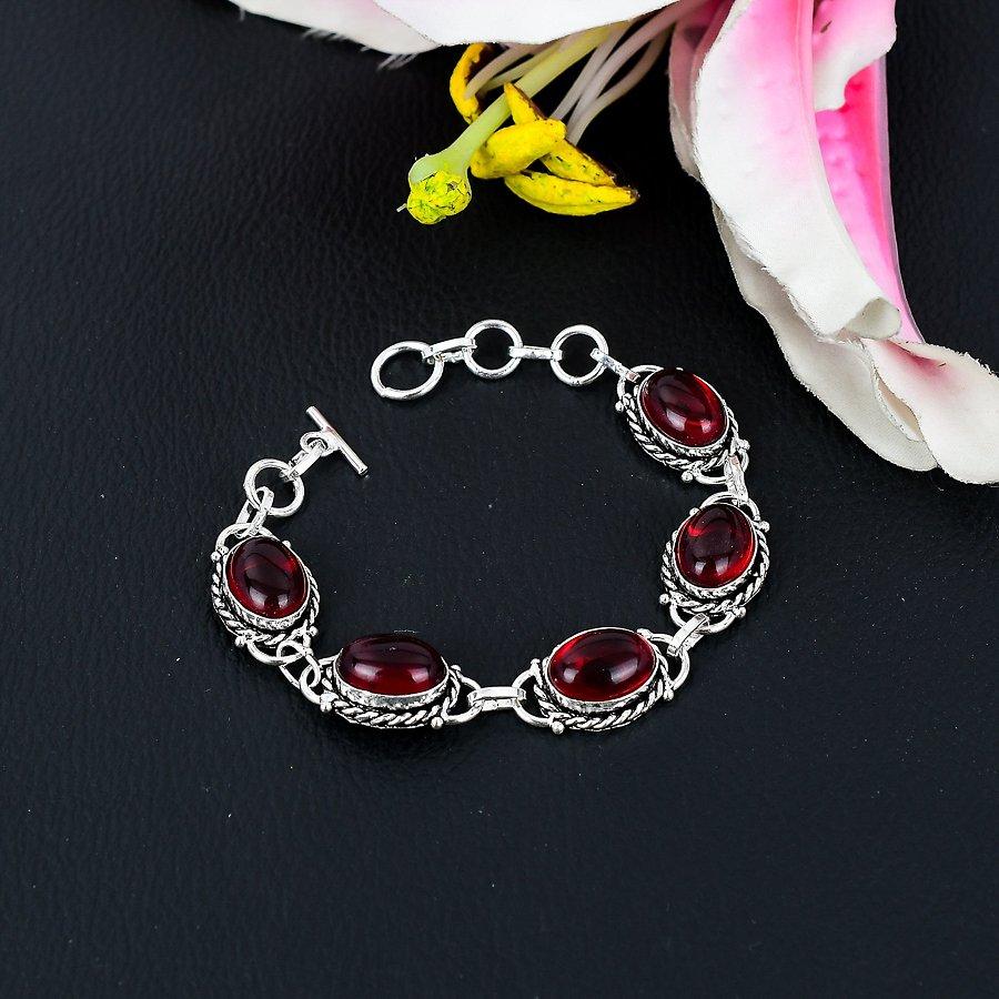 Mozambique Garnet Gemstone Handmade 925 Sterling Silver Bracelet 7-8" KG-211