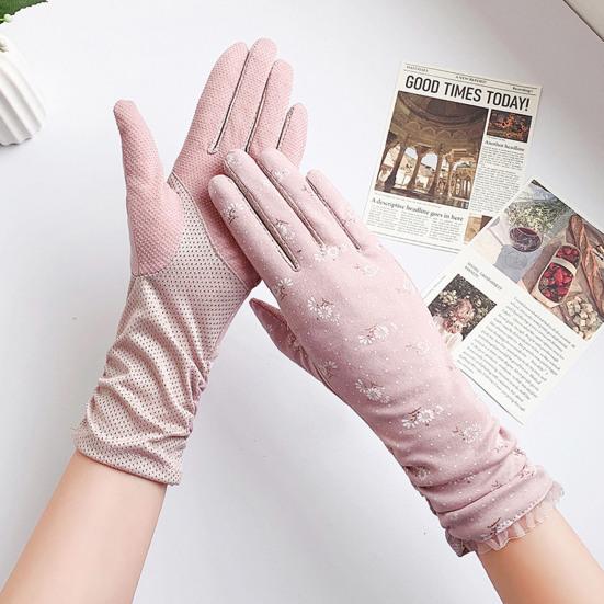 1 Pair Floral Print Anti-slip Palm Driving Gloves Full Finger Lace Stitching Wrist Extended Girls Outdoor Riding Sunscreen Mittens Cycling Accessories