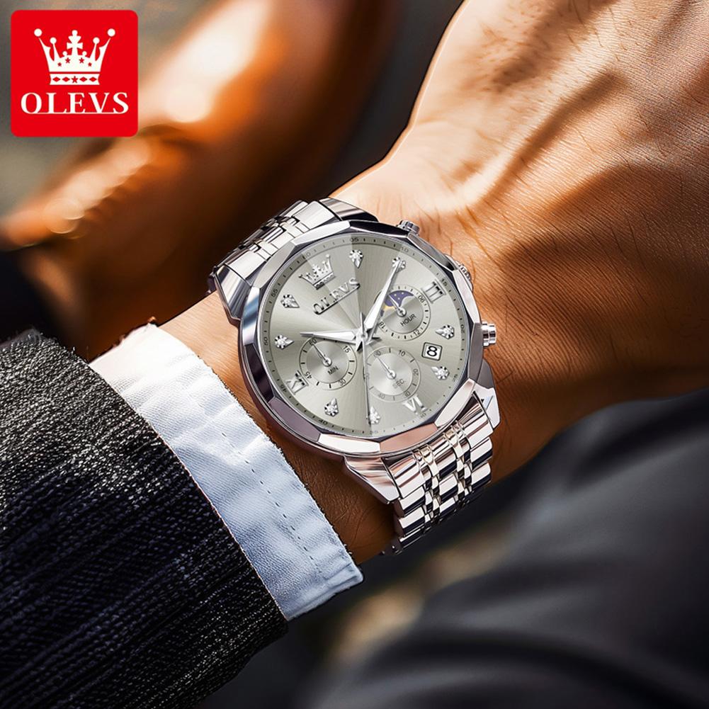 OLEVS 3670 Original Quartz Watch For Men Three Dials 24-hour Moon Phase Luminous Function 30m Waterproof Calendar Window Watch