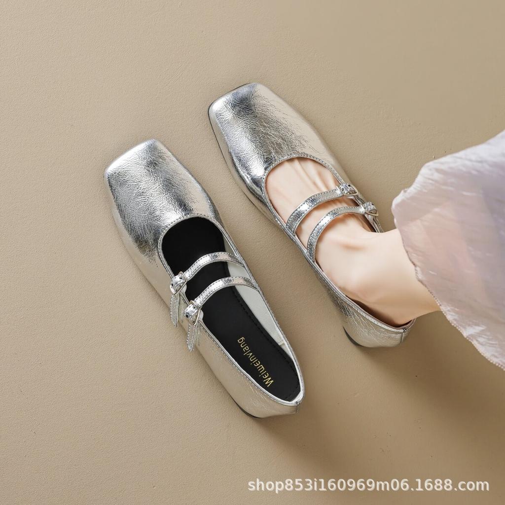 Square head flat bottom silver ladyshoes women's 2025 summer thick heel French retro one-word buckle with soft sole Muller single shoes women