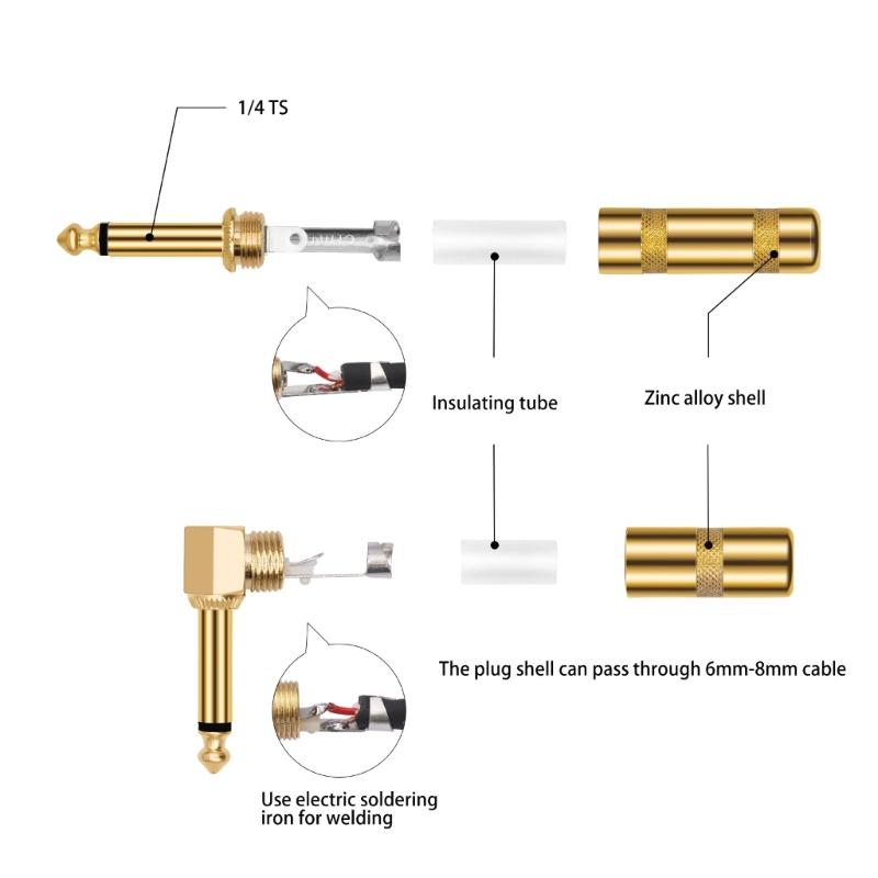 2 шт. Штекеры 6,35 мм Паяные разъемы DIY Прямая головка/Угловой тип Паяные штекеры для терминирования инструментального звукового кабеля