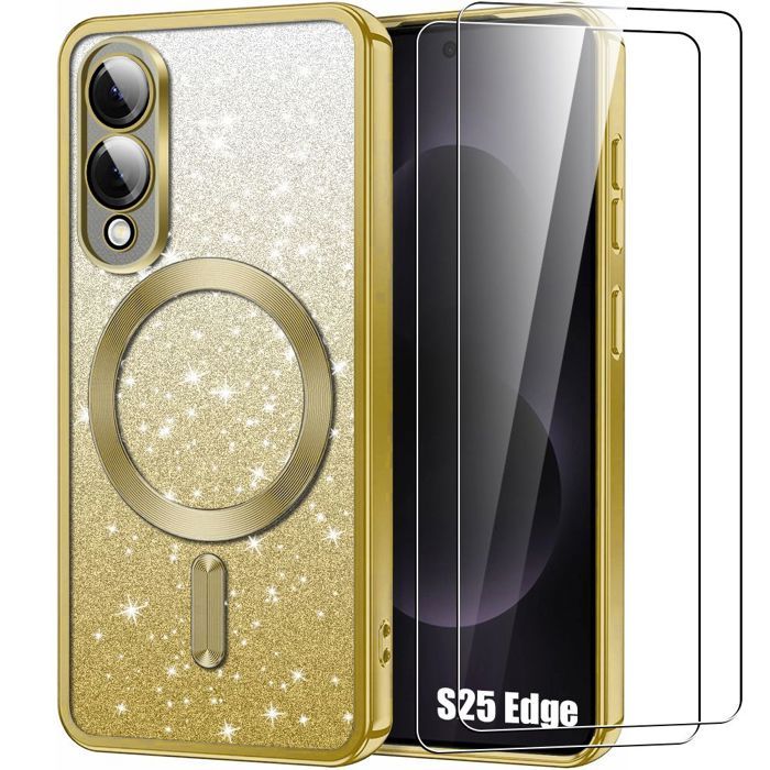 Case for Samsung Galaxy S25 Edge - BOOLING - with Magnetic Circle - Glittery Gold - 2 Tempered Glasses