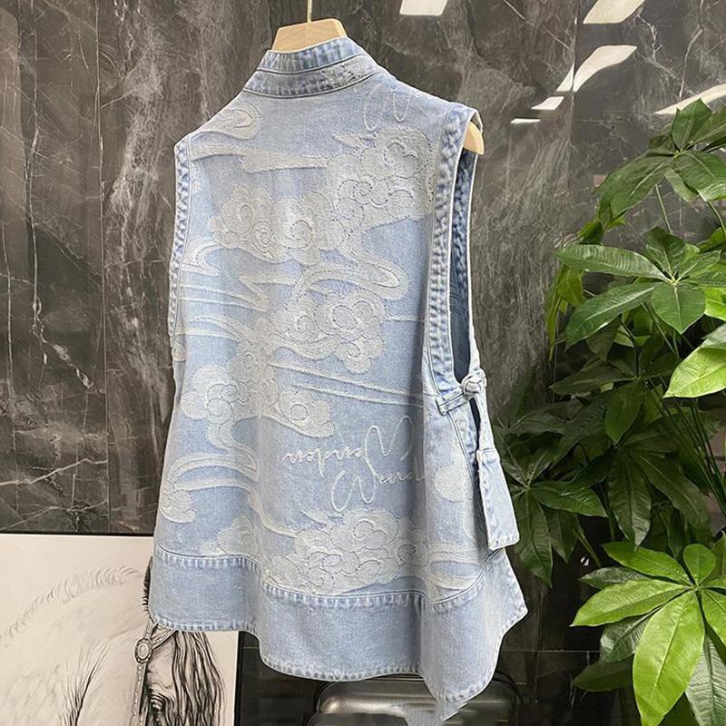 Женский джинсовый жилет без рукавов в китайском стиле в стиле ретро, весеннее и летнее свободное повседневное пальто нерегулярной формы