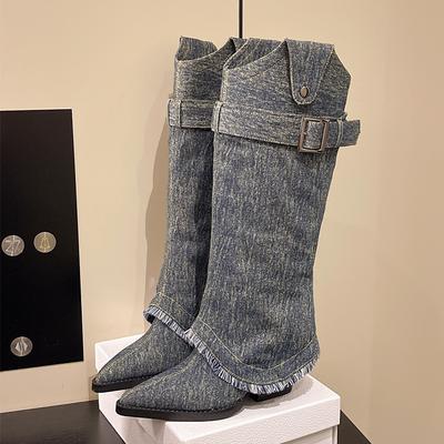 Женские туфли на высоком каблуке Ковбойские сапоги Острый носок Дизайнерская обувь Роскошные высокие сапоги 2025 Зимние Готические туфли Челси Botas Mujer