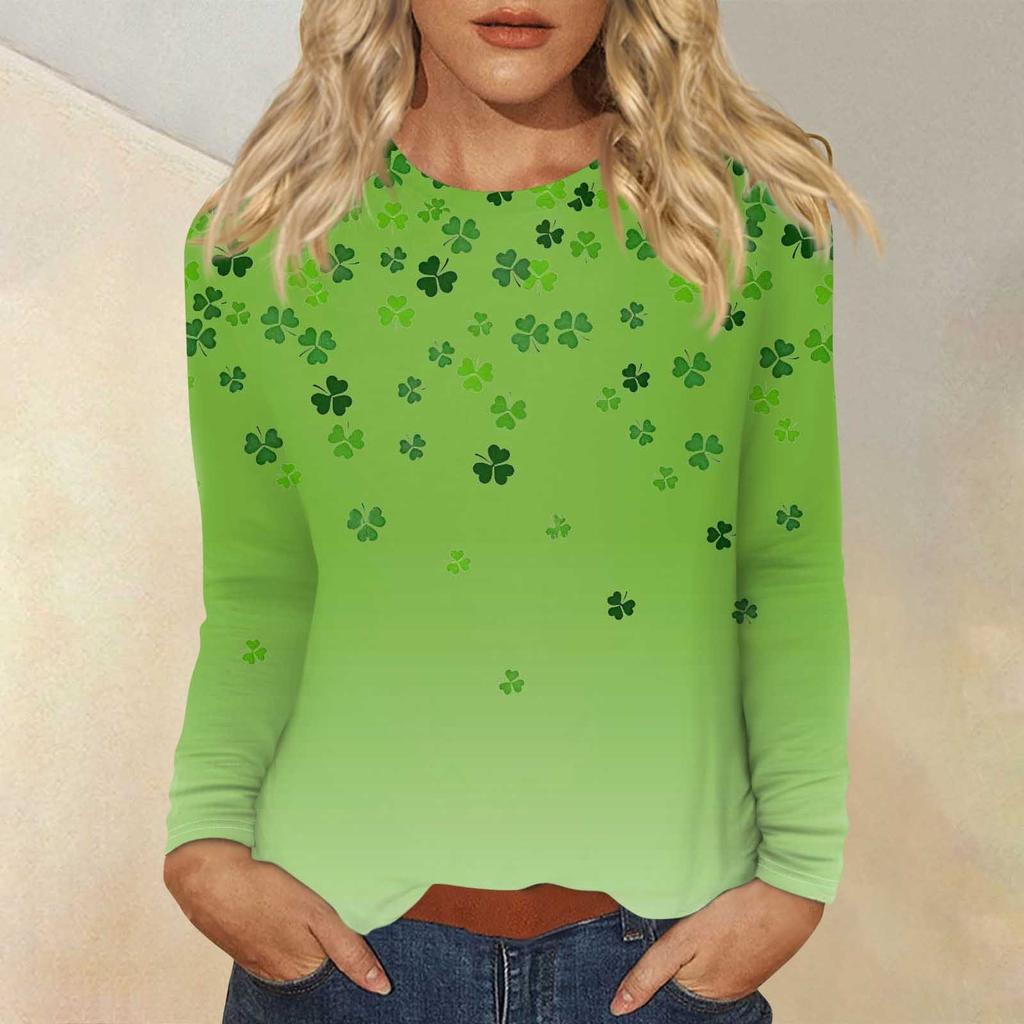 Женская повседневная повседневная рубашка с длинным рукавом. Топ с круглым вырезом и принтом ко Дню Святого Патрика