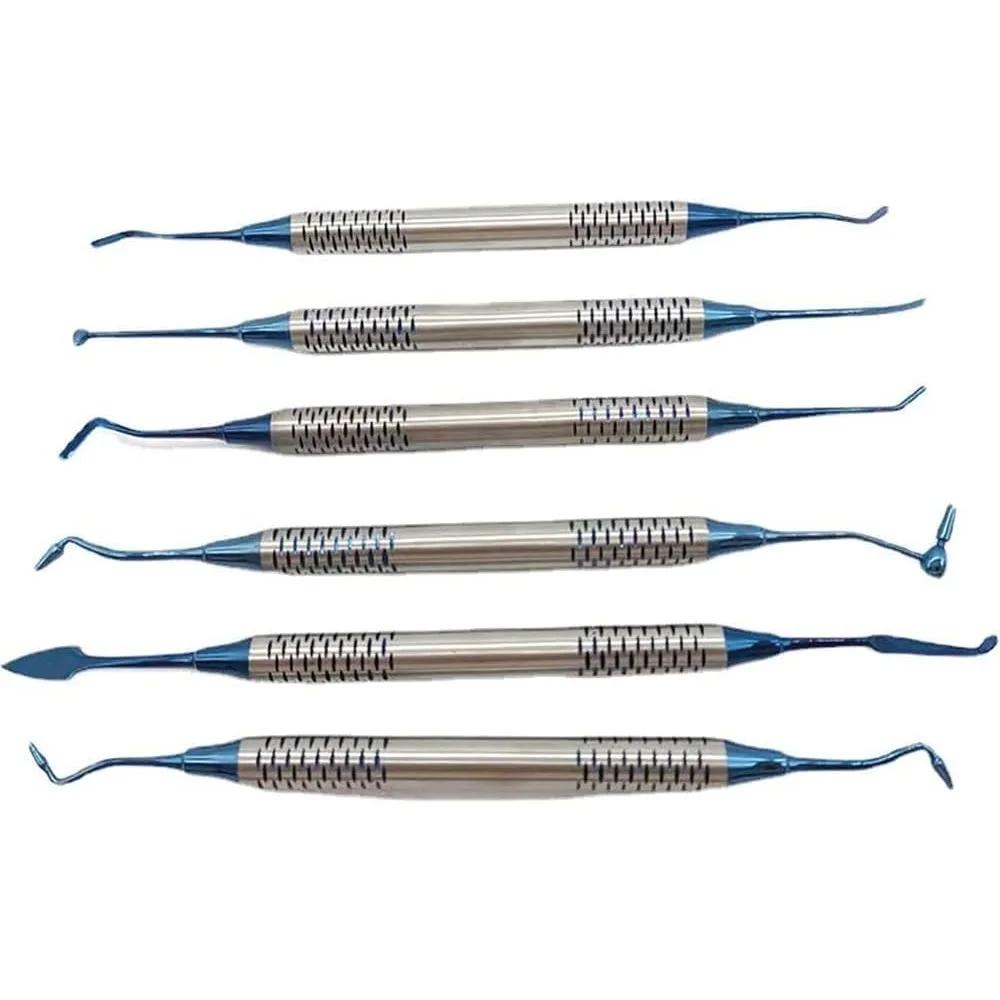6PCS Dental Composite Resin Filling Tool Set Spatula Titanium Plated Head Thick Handle Manual Professional Use