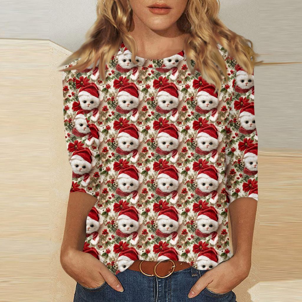Женский модный повседневный топ с рукавом три четверти и рождественским принтом, круглый вырез