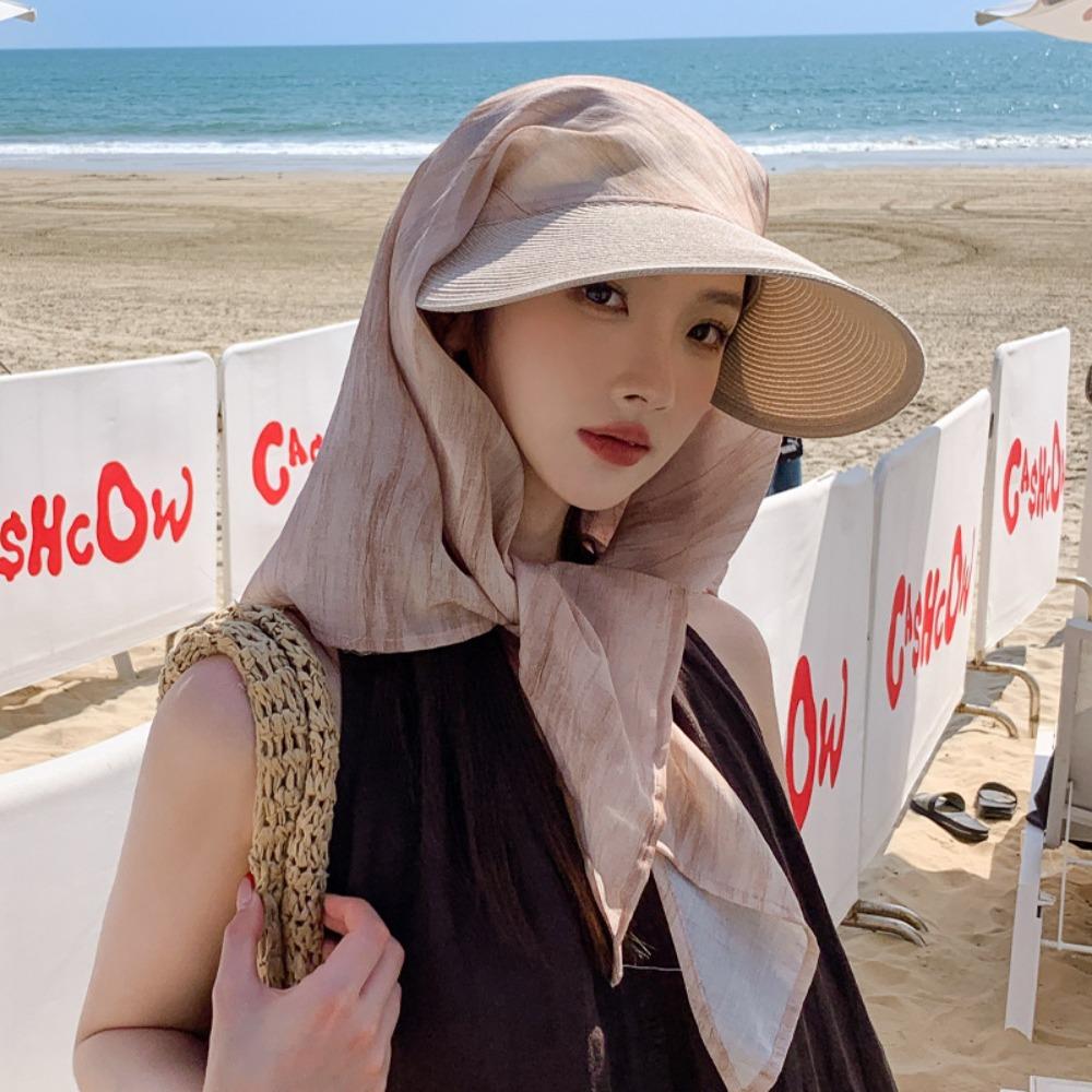 Print Summer Sun Hat Wide Brim Strappy Scarf Hat Portable Scarf Baseball Cap Girl