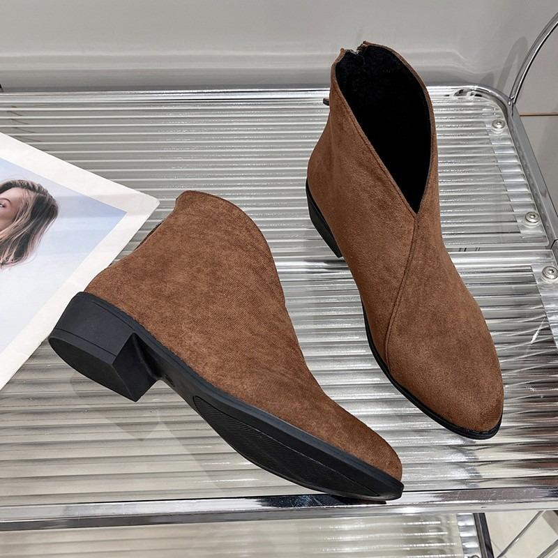 Остроносые ботильоны с V-образным вырезом и толстым каблуком, новые осенне-зимние бархатные ботильоны большого размера на задней молнии