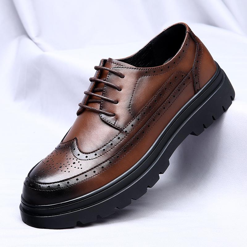 Fashionable Men British Style Thick Soled Casual Leather Shoes Classic Men's Lace Up Business Banquet Comfortable Leather Shoes