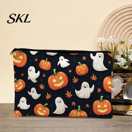 Spill-proof Zippered Travel Bag Halloween Storage Bag, with Pumpkin Ghost Print, Durable Canvas Castle Makeup Pouch Large Capacity Pouch, for