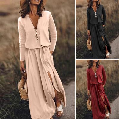 Женское платье с узкой талией, свободный раздельный подол, однотонное платье на молнии с V-образным вырезом и длинным рукавом, мягкое плиссированное платье до щиколотки, осень-весна, платье макси