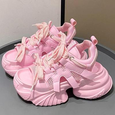 Модные розовые сетчатые дышащие женские сандалии Новая удобная обувь Модные летние 7,5 см Пикантный носок Платформа Клиновидный высокий скрытый каблук Женские