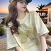 Женская летняя футболка в корейском стиле с короткими рукавами, с вышивкой в виде бабочки и абрикоса