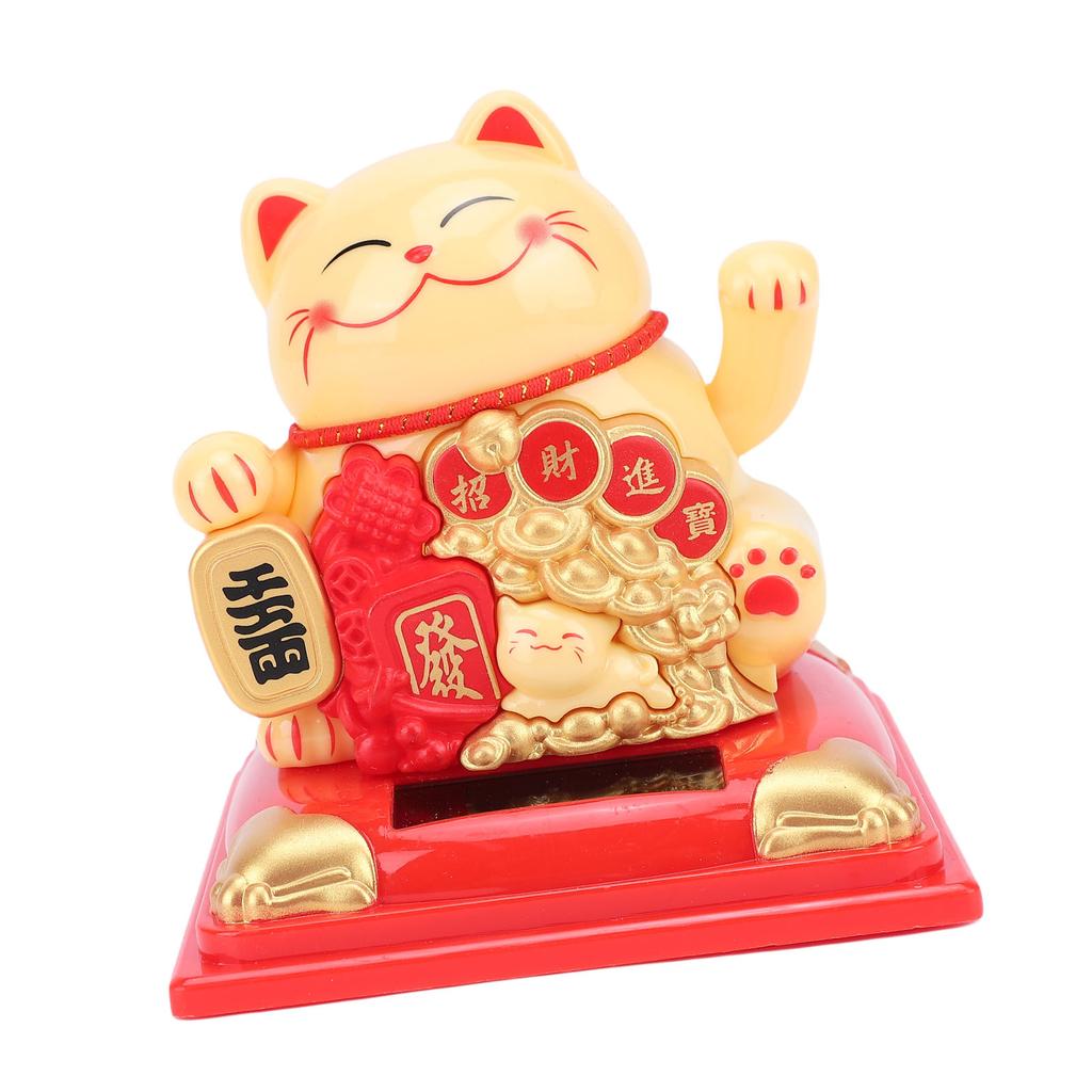 Lucky Cat Statue Vivid Lovely Waving Arm Solar Powered Fortune Cat with Dust Cover for Home Business Ornament Yellow