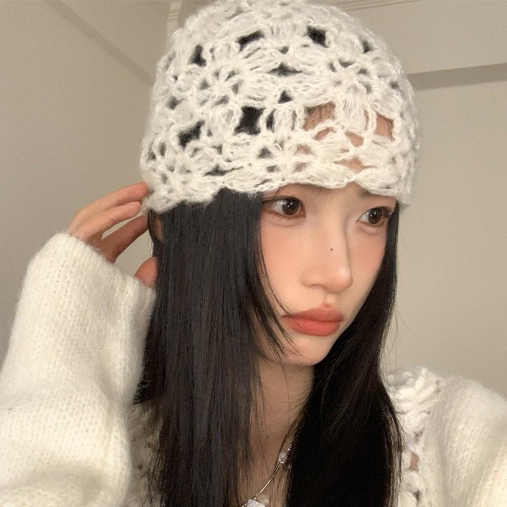 Solid Color Knitted Pullover Hat Hollow Beanies Cap Cute Crochet Flower Hat  Ladies