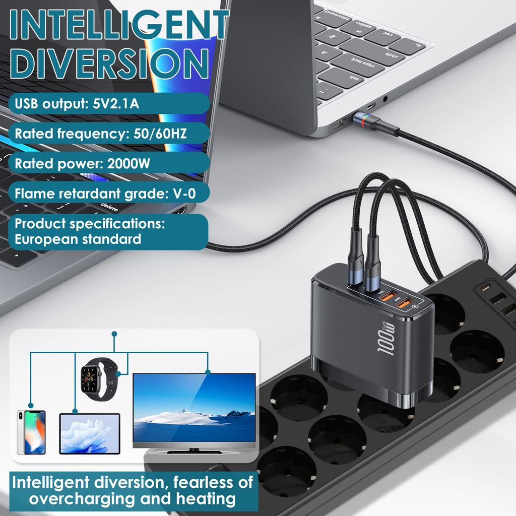Сетевой фильтр на 10 розеток с защитой от перенапряжения, с 1 портом Type C и 3 портами USB A, 2000 Вт для дома, офиса, общежития, игровой комнаты