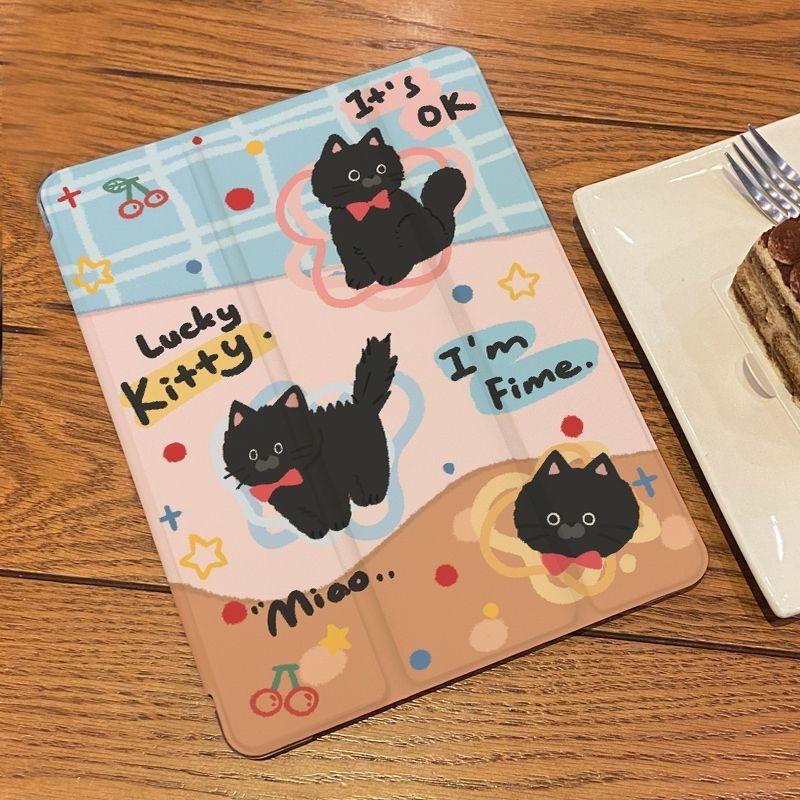 For iPad Air6 Case Cartoon Cute Cat Pattern iPad Tri-fold Flip Case for iPad Air4 Air5 2022 10th 10.9 Air1/2 9.7 Air3/Pro2017 10.5 with Pencil Holder