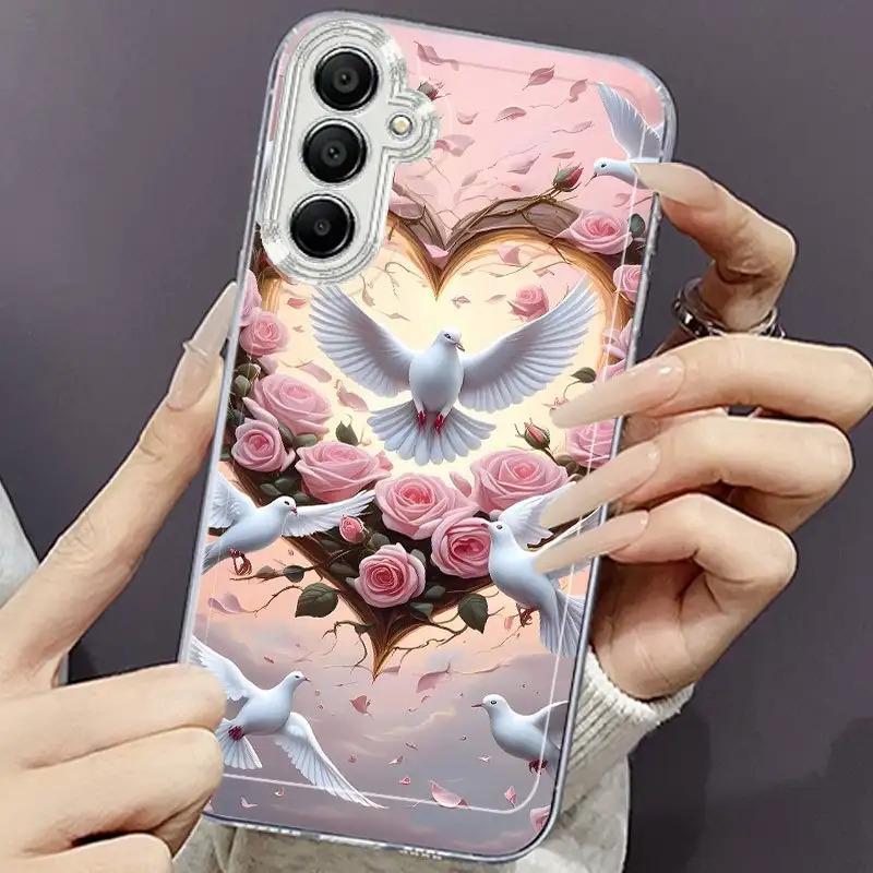 Розовый голубь с розой Рисунок Чехол для телефона для Samsung Galaxy S26 S25 S24 S23 S22 S21 S20 fe/plus/Ultra Прозрачный мягкий чехол с защитой от падения