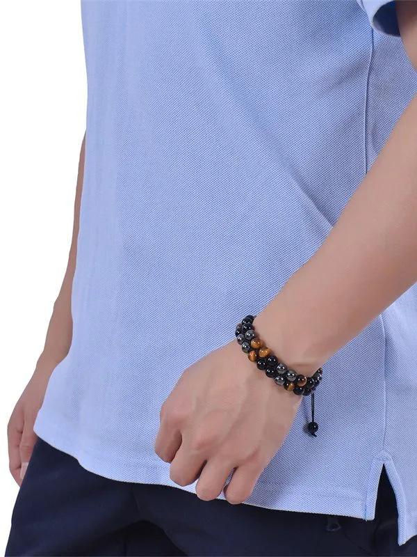 Натуральный - Браслет из агата с глазком мужской - Регулируемый браслет из черного магнитного гематита - Браслет