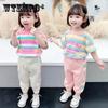 Милый полосатый повседневный брючный костюм для девочек, летний детский дышащий удобный мягкий комплект из двух предметов с радужным принтом