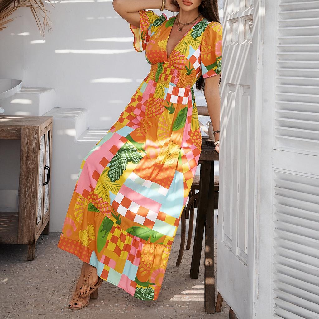 Весна-лето Повседневный праздничный стиль с принтом контрастных цветов Платья с V-образным вырезом и высокой талией с короткими рукавами