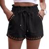 Women Summer Shorts Elastic Waist Shirring Edge Hollow Out Side Pockets Solid Color Loose Above Knee Length Casual Sport Daily Mini Shorts EMA