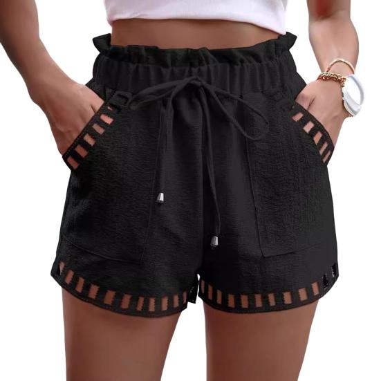 Women Summer Shorts Elastic Waist Shirring Edge Hollow Out Side Pockets Solid Color Loose Above Knee Length Casual Sport Daily Mini Shorts EMA
