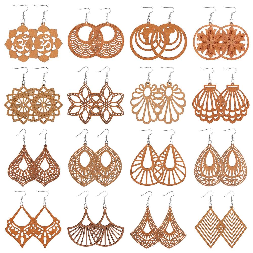 16 Pairs Jewelry Bohemian Wood Earrings Pendant Earring Making African Dangle Earrings