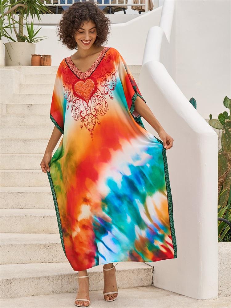 EDOLYNSA 2024 Boho Colorful Printed Batwing Sleeve V-neck Beach Dress Women Summer Swimwear Coverup Cozy Plus Size Kaftan Homewear Q1674