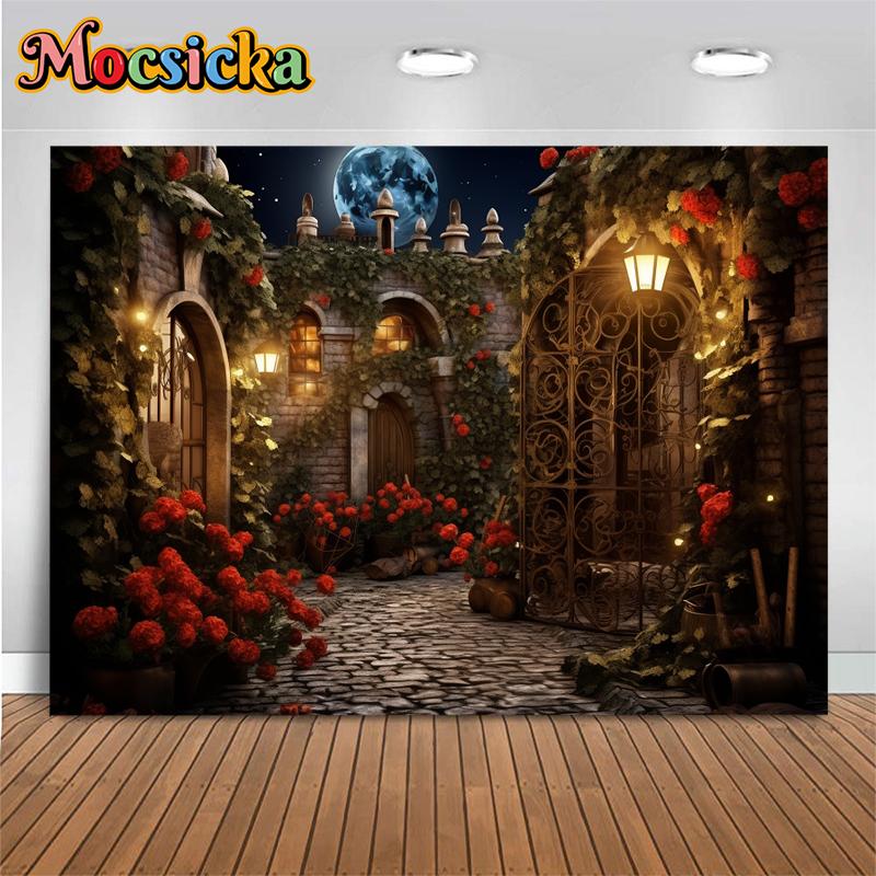 Романтический Ночной Замок Фон Фотография Красная Роза Любовь Душ Девушка День Святого Валентина Задний План Декор Старый Дворец День Рождения Фото Студия
