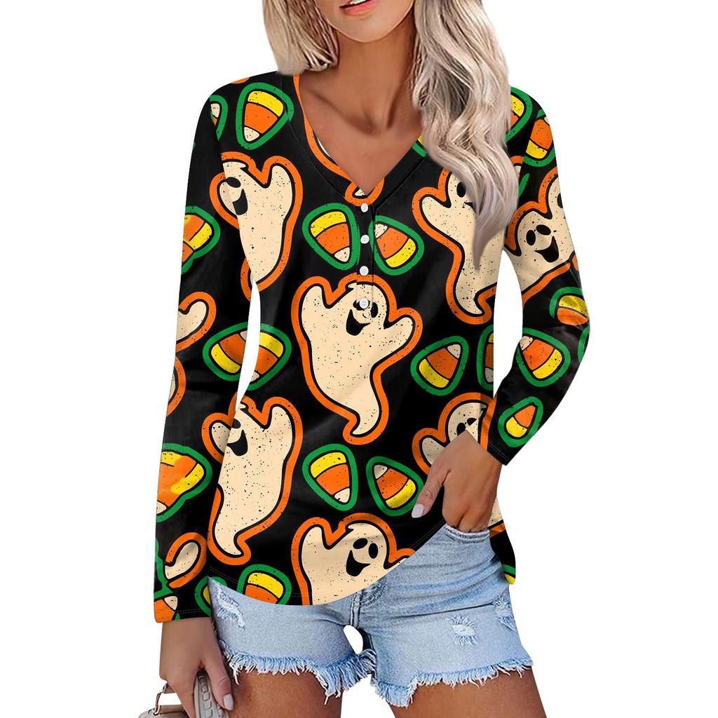 Women's Casual Fashion Sexy Comfort Halloween Printed V-Neck Button Long Sleeve