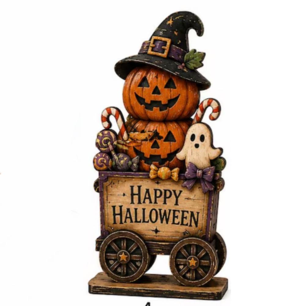 Vintage Halloween Pumpkin Ghost Figurine 2D Flat Halloween Wooden Sign Home Decor