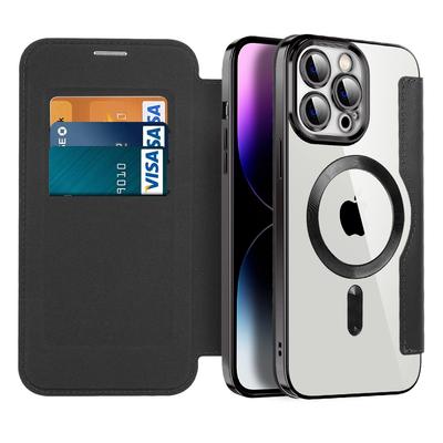 Чехол для телефона для iPhone 14 Pro Max, совместимый с MagSafe, с RFID-блокировкой, слотами для карт, из ПУ кожи + ТПУ, с гальваническим покрытием, прозрачная задняя крышка-книжка с защитной пленкой для объектива