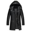 Winter New Leather Jacket Men's Zipper Mid-length Hooded Windbreaker Leather Jacket Casual Thickened Jacket