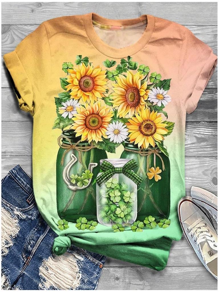 Женская ул.. Футболка ко Дню Святого Патрика Повседневная Зеленая Футболка с коротким рукавом с 3D-принтом и круглым вырезом с коротким рукавом Уличная одежда Y2k