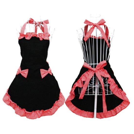 Women Cute Bowknot Decor Pocket Apron Plaid Print Splicing Adjustable Lace-up Kitchen Flirty Apron Mother Day Gift